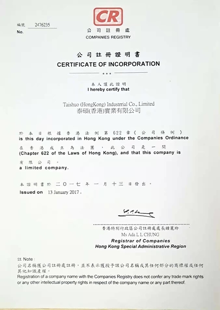 CHINA Guangzhou Taishuo Machinery Equipement Co.,Ltd Certificações
